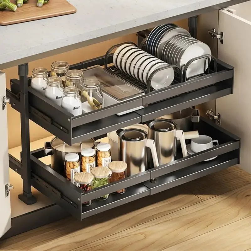 

No Drill Under Cabinet Organizer - Pull Out Sliding Storage Drawer with Adjustable Shelves, Expandable Kitchen Basket cuisine