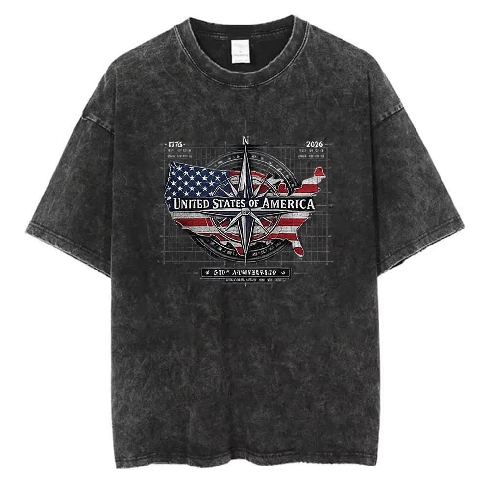 Loose Fit Cotton USA 250th Anniversary Compass T Shirt Retro Map Flag Graphic Tee Vintage Short Sleeve Tops for Patriotic Lovers