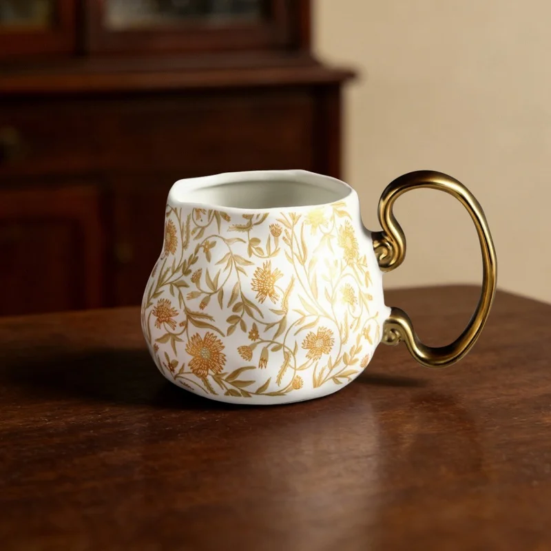 

Retro Style Gold Trim Floral Printed Ceramic Mug With Handle Office Coffee Cup Home Breakfast Water Drinking Cup Ideal Gift