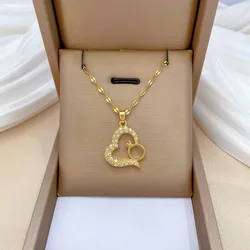 Sweet Classic Shiny Zircon Heart Ring Pendant Necklace for Women Lady Stainless Steel Chain Vintage Jewelry Accessories Gifts