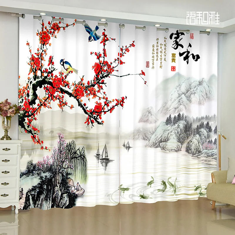 2 Panel Luxury Curtains Magnolia Flowers Koi Fish Bird Lucky Curtains for Bedroom Living Room Kitchen Window Blinds cortinas