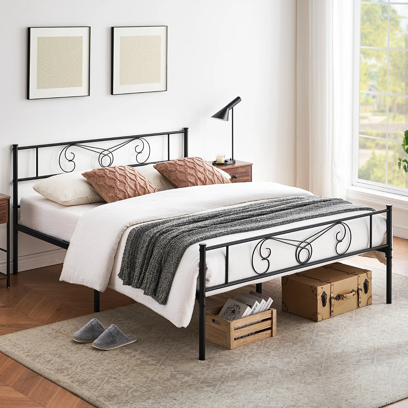 Classic Metal Platform Bed Frame, Noise Free Bed Frame Sturdy Slats Support Iron-Art Mattress Foundation with Headboard Footboard 12.2 Inch Under Foundation Storage, No Box Spring Needed