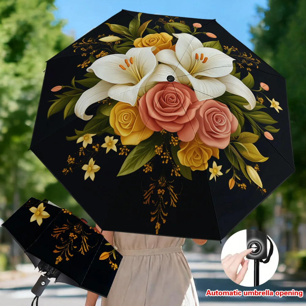 

1pc Automatic Open/Close Umbrella with & Auto-Folding - 8-Rib Reinforced Frame, Compact Portable Sun Umbrella for &, Beige///B