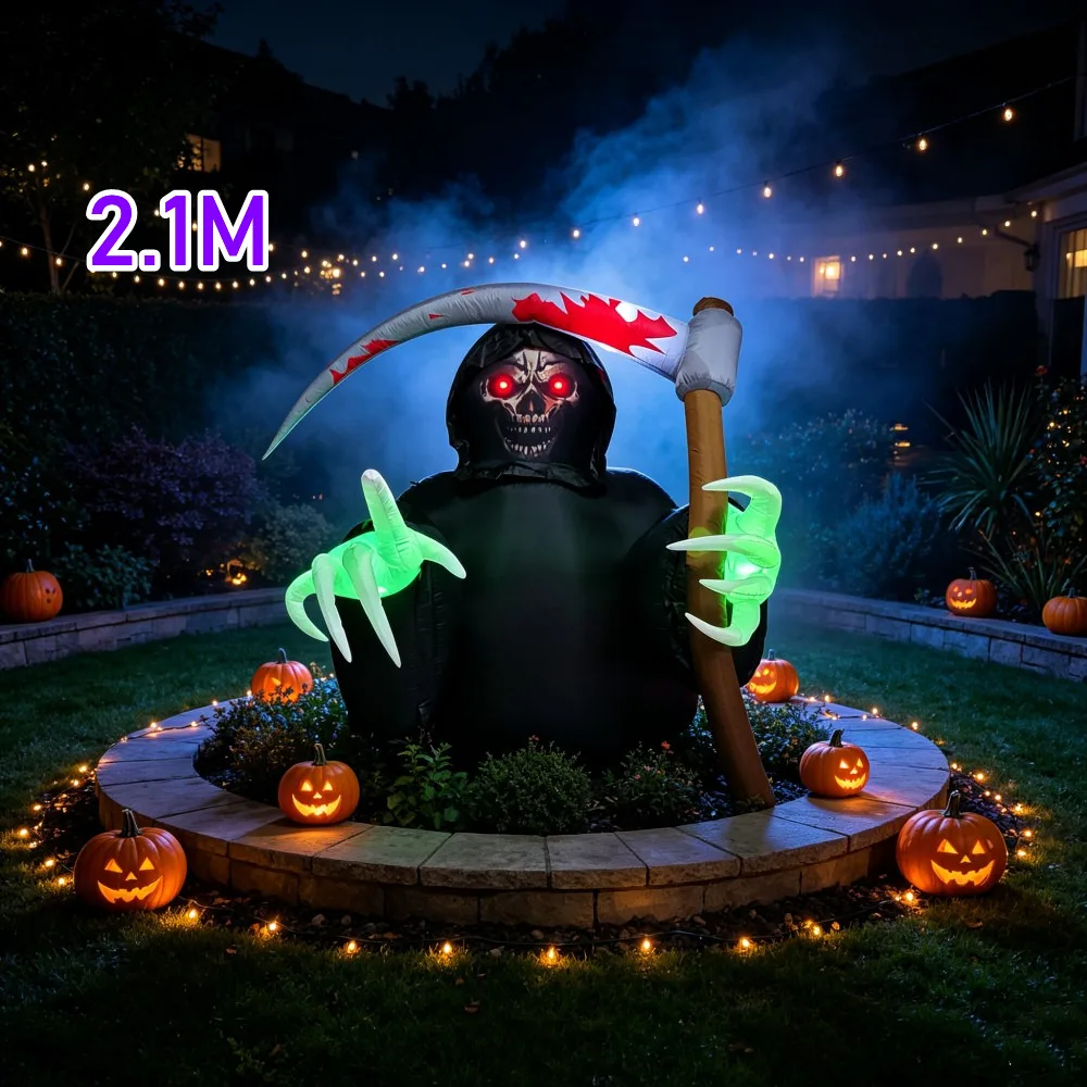 Halloween 2.1M Inflatable Sickle Death God Inflatable Model With Built LED Lights Suitable Courtyard Garden And Lawn Decoration