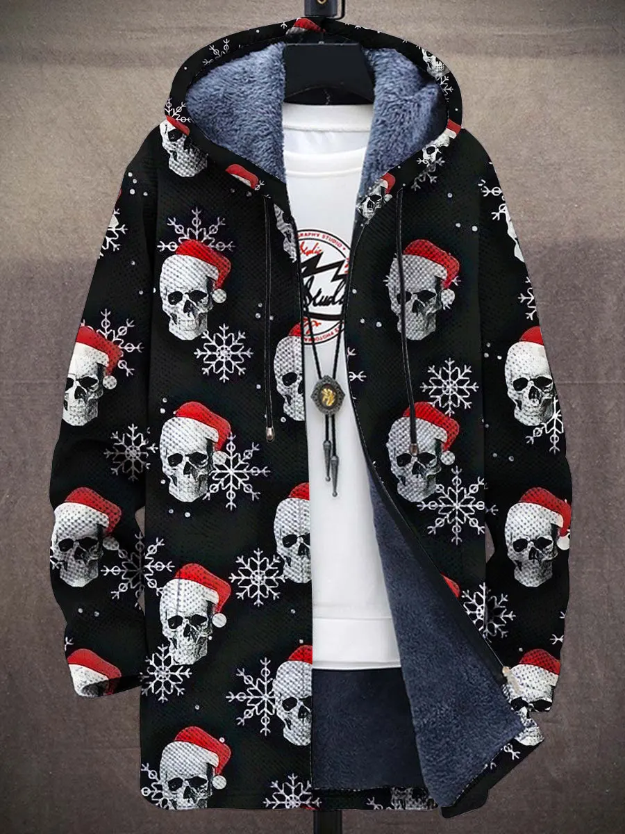 Christmas Skull Pattern 3D Printed Men's Plush Thick Long-Sleeved Sweater Cardigan Coat Winter Casual Warm Zipper Jacket HRD20