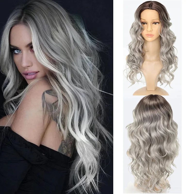 

Европейский и американский модный парик, серый, с градуированным переходом цвета, кудрявый, имитация волос.