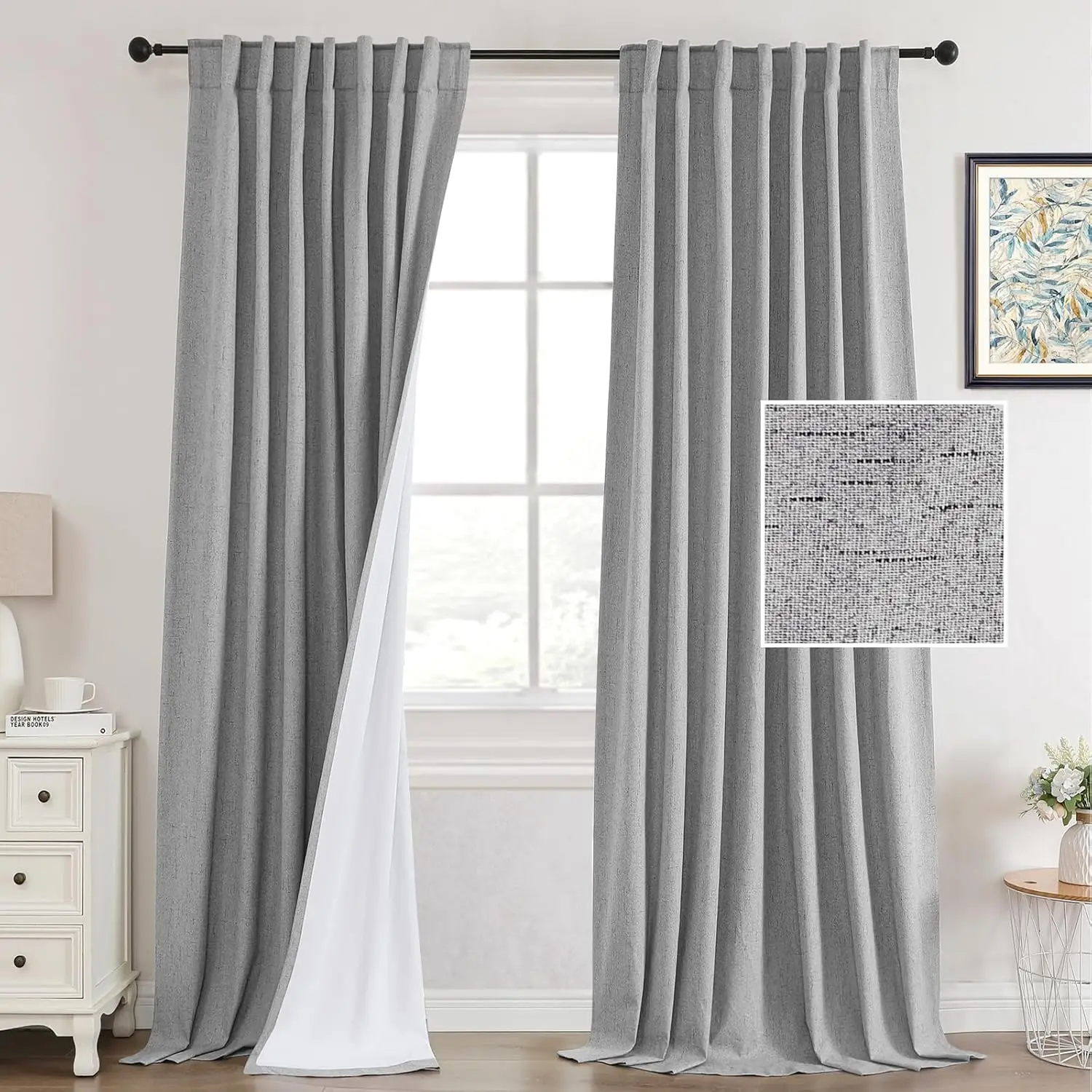 

Шторы для фермерского дома для гостиной, 100% затемняющие льняные шторы, 96 дюймов, длинная задняя вкладка/карманные шторы с с стержнями, световые шторы