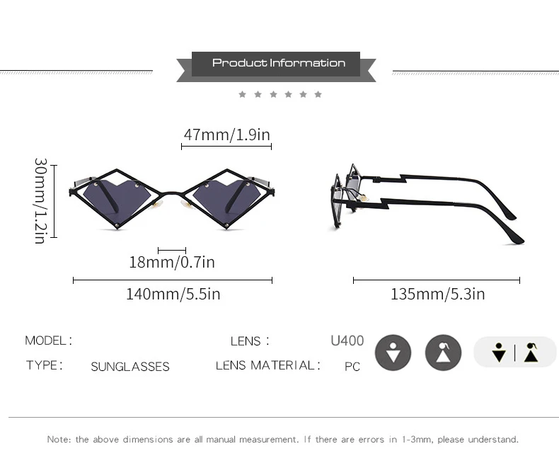 Metallrahmen Herz randlose Sonnenbrille Frauen Männer Steampunk Luxusmarke Sonnenbrille weibliche Farbverlauf Hip Hop Brillen UV400 Farben – Detail 3