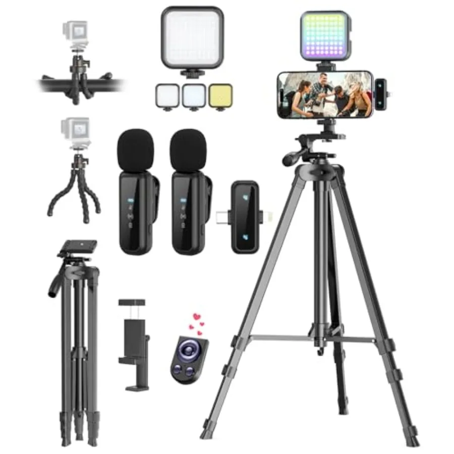 Kit de Vlogging para iPhone/Android, Kit de Inicio para YouTube con Micrófono Inalámbrico/Tripode para Cámara/Tripode Flexible/Luz de Relleno RGB