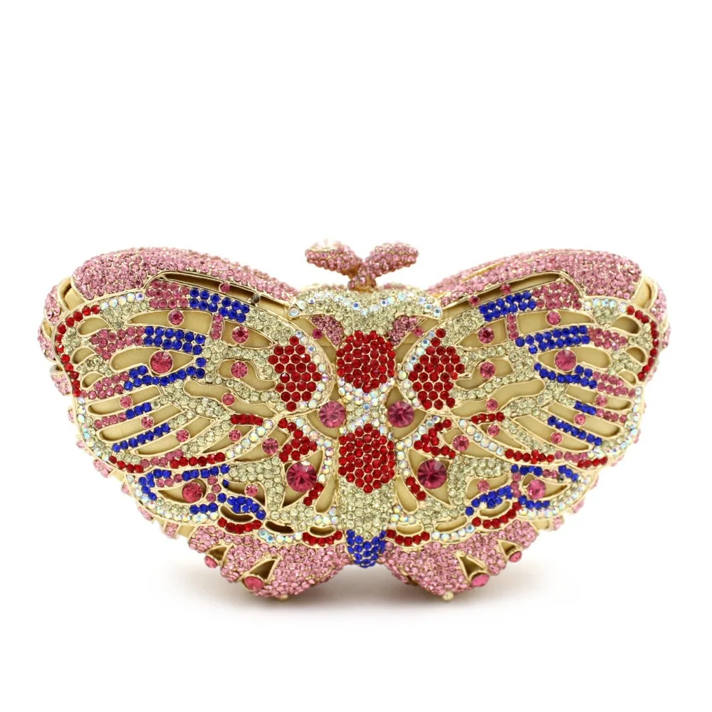

Pink Butterfly Dinner Diamond Clutch Bag Empty Hard Box Full Diamond Banquet Dress Crystal Sac De Soirée Purses Luxury Designer