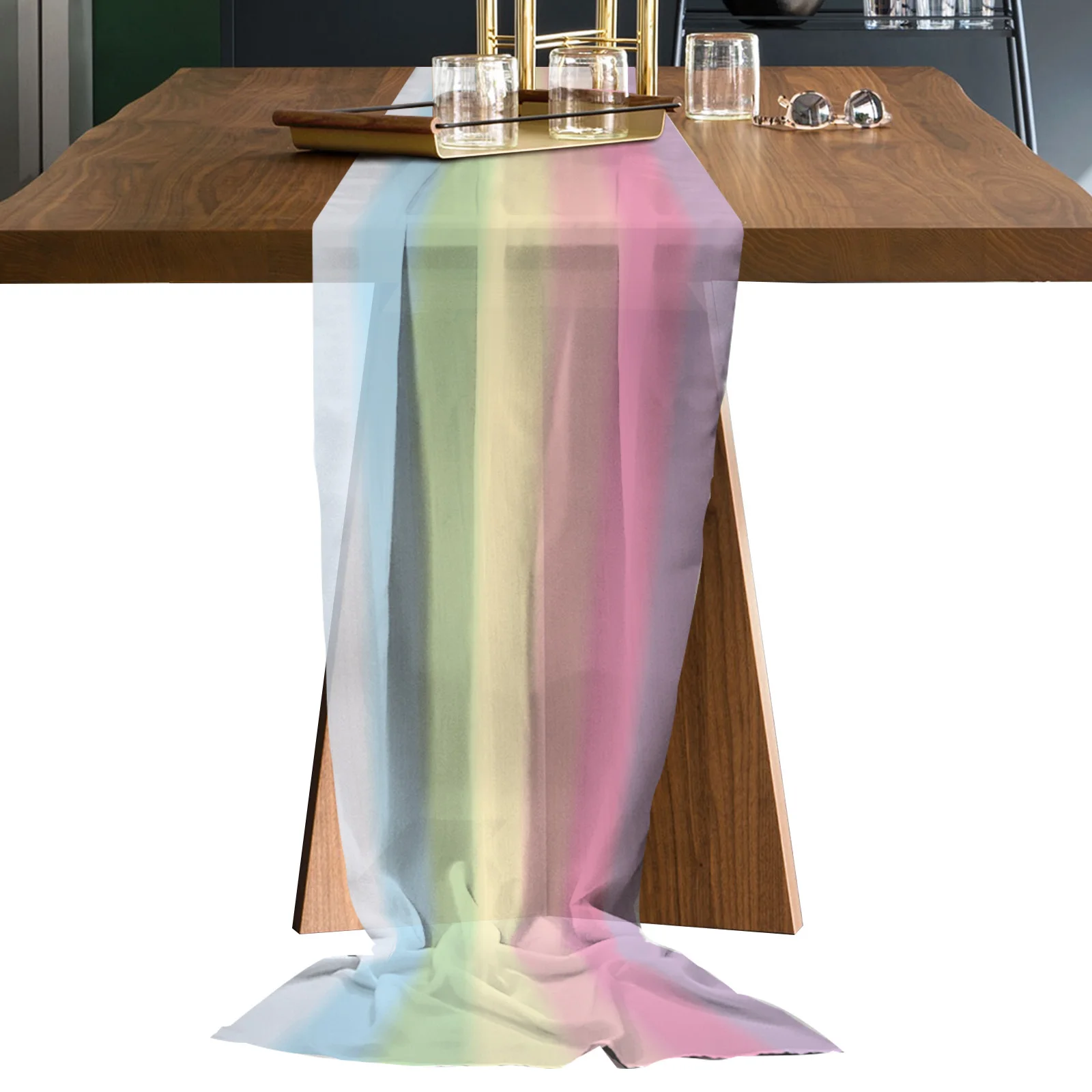 Candy Rainbow Stripes Sheer Chiffon Luxury Table Runner Dinning Table Wedding Decor Gauze Table Cloth Printed Table Runners