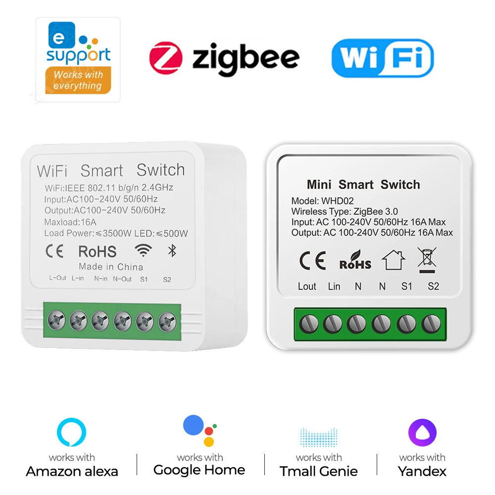 eWeLink App 16A Mini Smart Switch WiFi Zigbee DIY Light Switch Relay Breaker Module Voice Works with Alice Salute Alexa Google