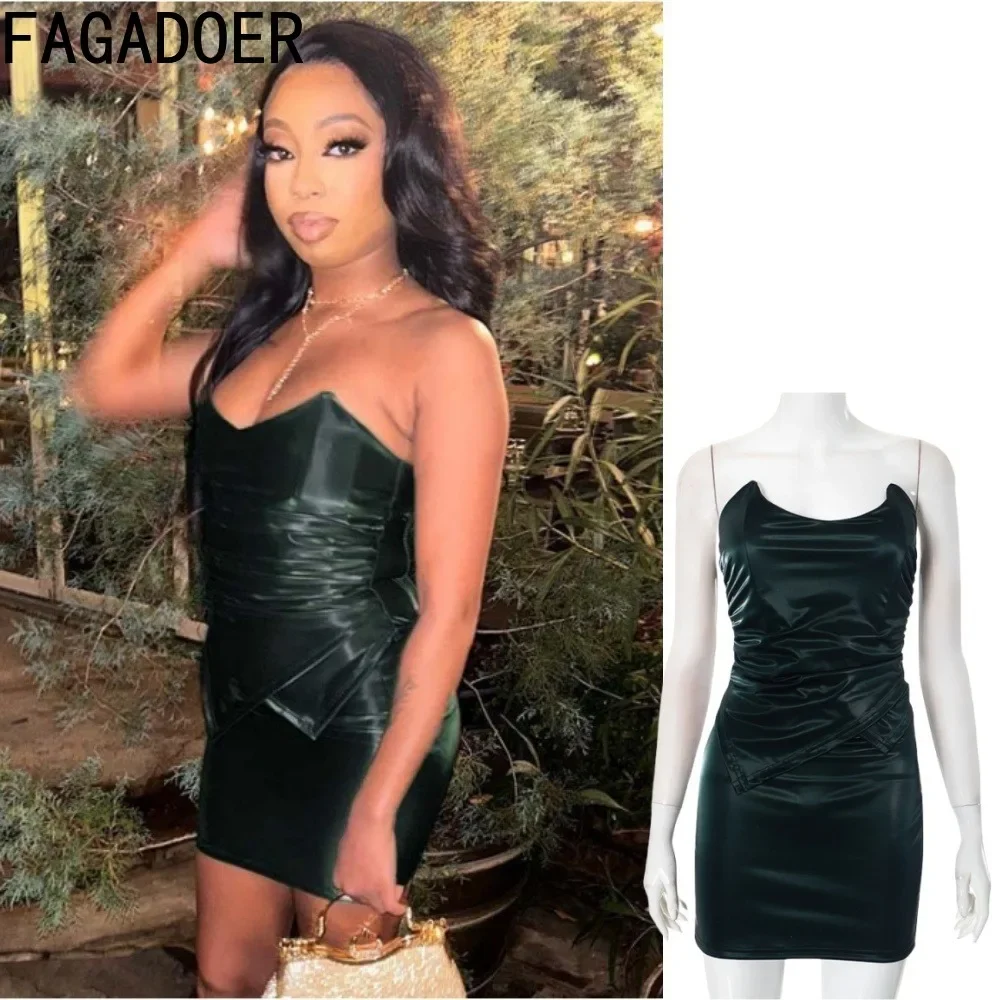 

FAGADOER Leather Sexy Mini Dress Backless Women Deep Green Irregular Patchwork Bodycon Dress Hot Girl Party Clubwear Vestidos