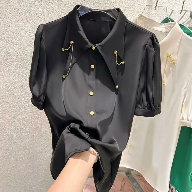 Female Clothing Fashion Chain Blouse Korean Irregular Turn-down Collar 2023 Summer Solid Color All-match Single-breasted Shirt