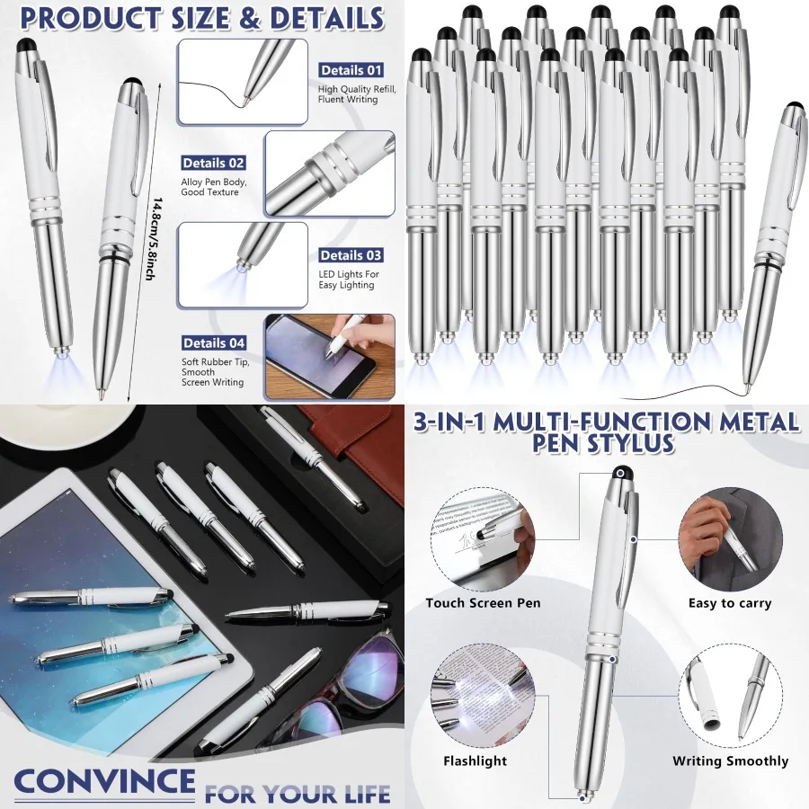 

15 шт. светодиодная шариковая ручка со стилусом, многофункциональная емкостная ручка со светодиодным фонариком для сенсорных экранов 1,0 мм, черный в