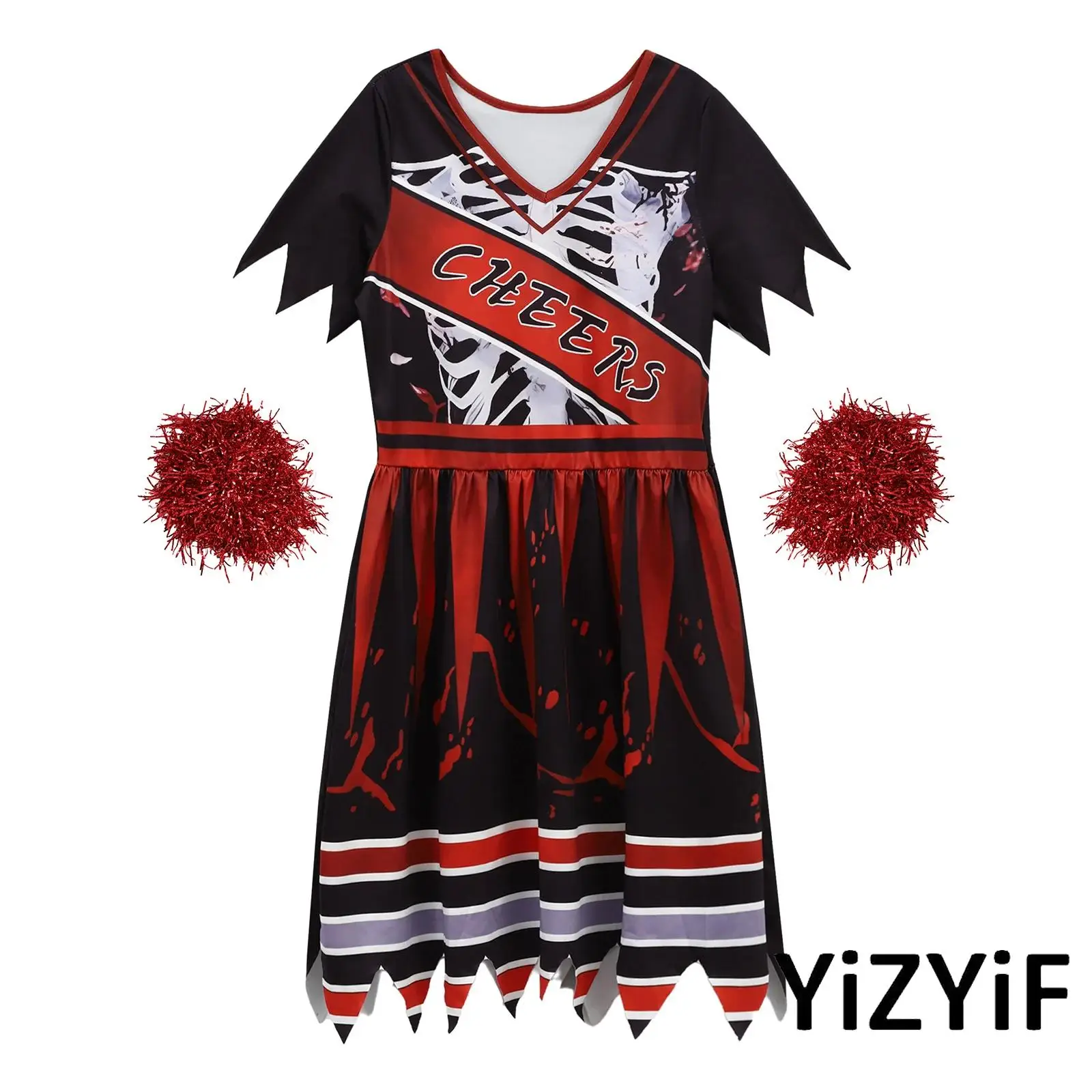 

Children Girls Cheer Squad Costume Color Blocking Dress And Matching Pom Poms Ideal for Team Parties And Halloween Celebrations