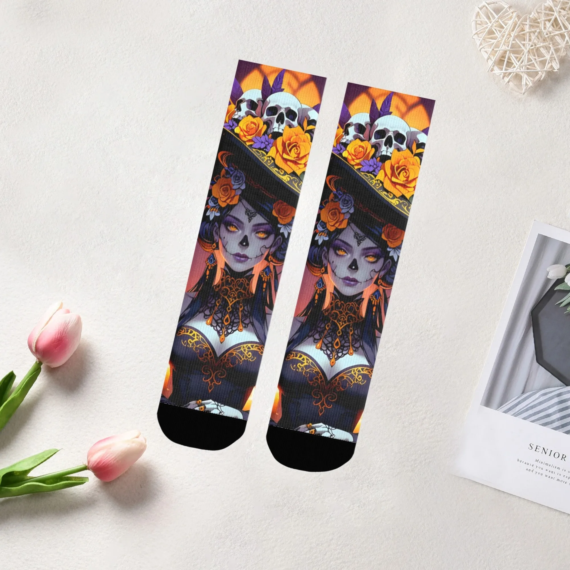 

Носки унисекс в стиле «День мертвых», женские фигурки, черепа и оранжевые цветы, идеальное мексиканское наследие, праздничный подарок