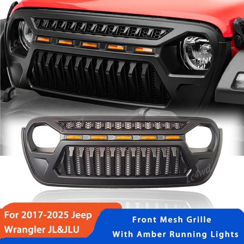 Lc4wd 4x4 acessórios exteriores grade de malha dianteira grelhas de corrida com luzes led âmbar para 2018-2024 jeep wrangler jl jlu jt
