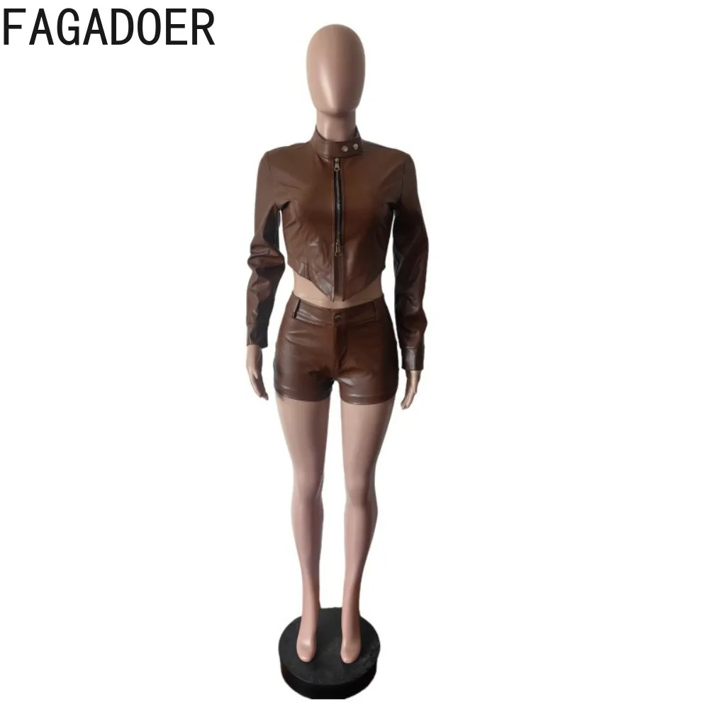 ملابس نسائية مكونة من قطعتين من الجلد على الموضة من FAGADOER بسحاب متين وأكمام طويلة + شورت قصير ملابس خروج نسائية متطابقة