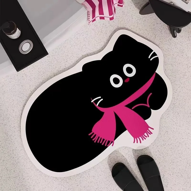 Cute Cat Bathroom Door Mat Irregular Black Cat Shower Room Foot Mat Absorbent Quick-drying PVC Carpet Non-slip Entrance Door Rug