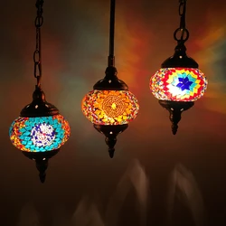 Turkish Mosaic Pendant Lights DIY Vintage Mediterranean Handcrafted Stained Glass Hanging Lamps for Bedroom Bar Retro Home Decor