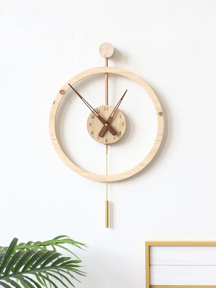 

Creative solid wooden wall clock, living room, home atmosphere, clock, and hanging watch 2023 new light luxury, no punching wall