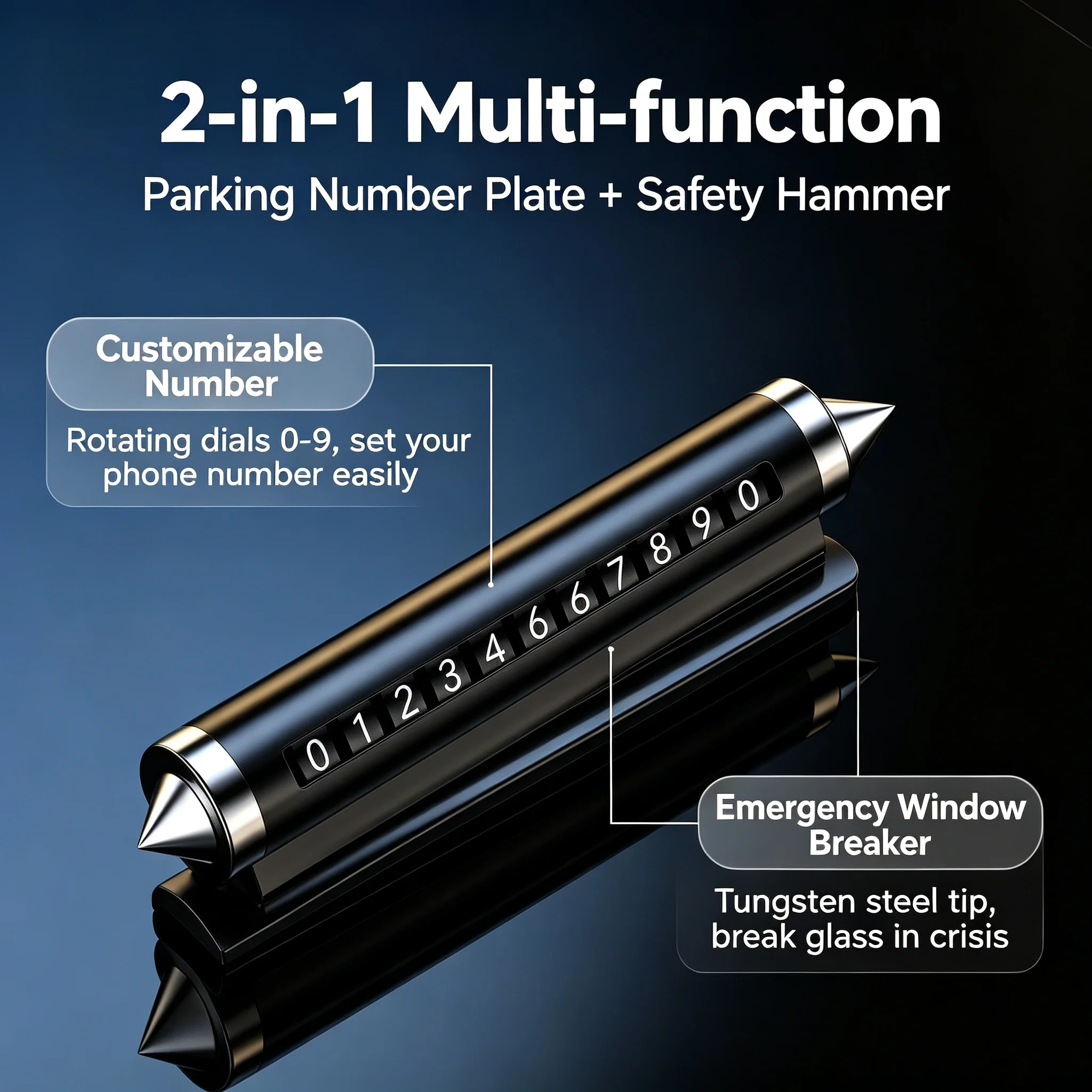 2 in 1 Car Temporary Parking Number Plate Aluminum Alloy Auto Phone Number Holder with Emergency Safety Hammer Window Breaker