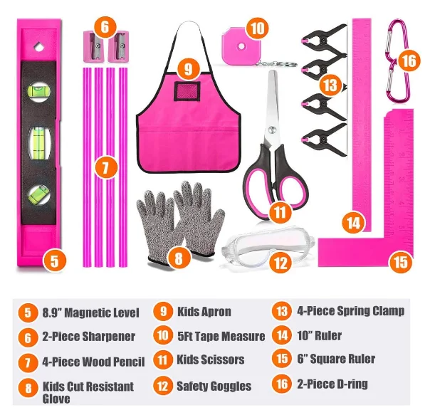 25Piece Kids Tool Set with Real Hand Tools, Pink Durable Storage Bag, Children Learning Tool Kit for Home DIY and Woodworking