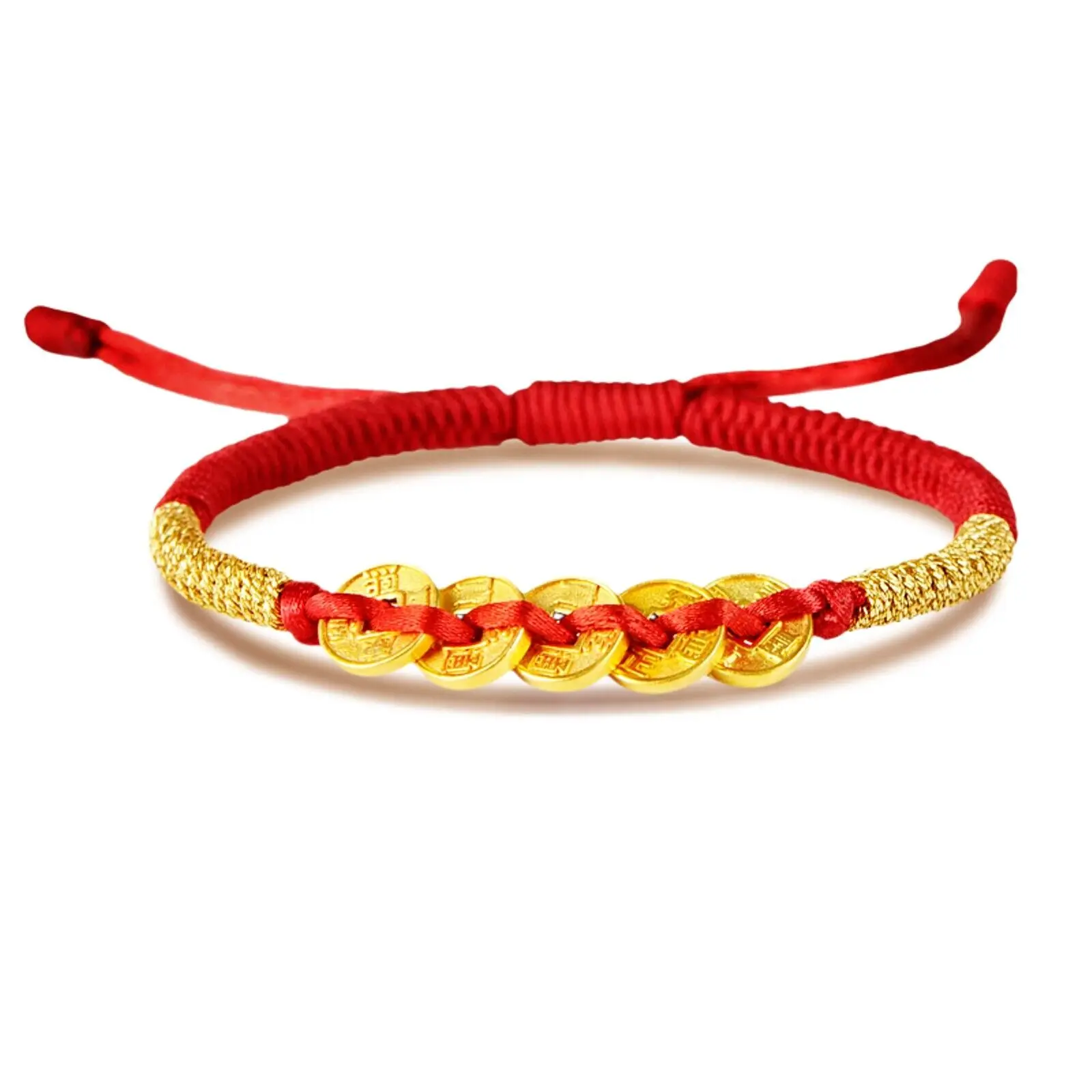 1pcs 999 24K Yellow Gold Bracelet For Women 3D Lucky Five Emperor Coins Red String Knitted Bracelet 16cm Length