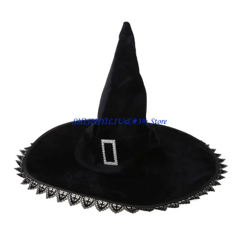 E21F Halloween Party Witch Hat for Women Wide Brimmed Black Wizard Cap Girl Headgear
