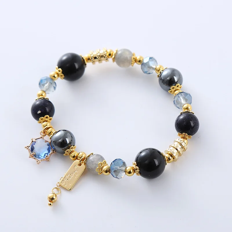 

Gorgeous Black Obsidian Crystal Bracelet with Starry Night Sky Effect and Dazzling Blue Sandstone Beads Jewelry for Women