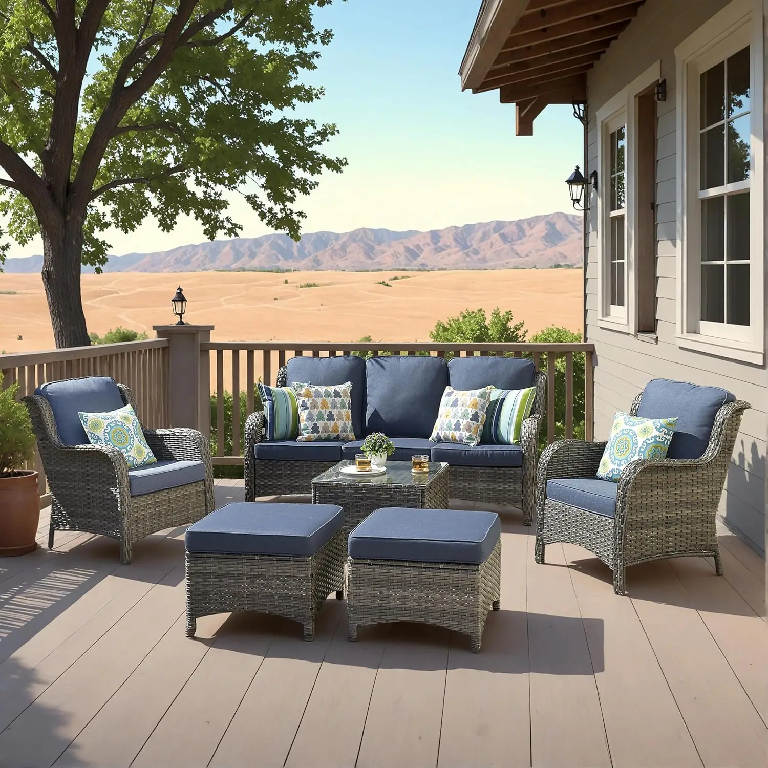 Swivel Rocking Chairs,All Weather Wicker Outside Conversation Sets for Balcony,Deck,and Backyard,Grey Rattan Denim Blue