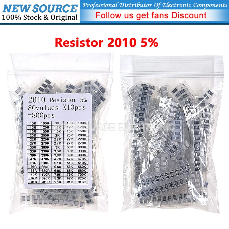 

(800pcs) 2010 SMD Resistor 5% 0R 100R 1K 10K 100K 47R 33K 22R 220R 470K 33R Ohm Assorted Kit 80ValuesX10PCS Resistor