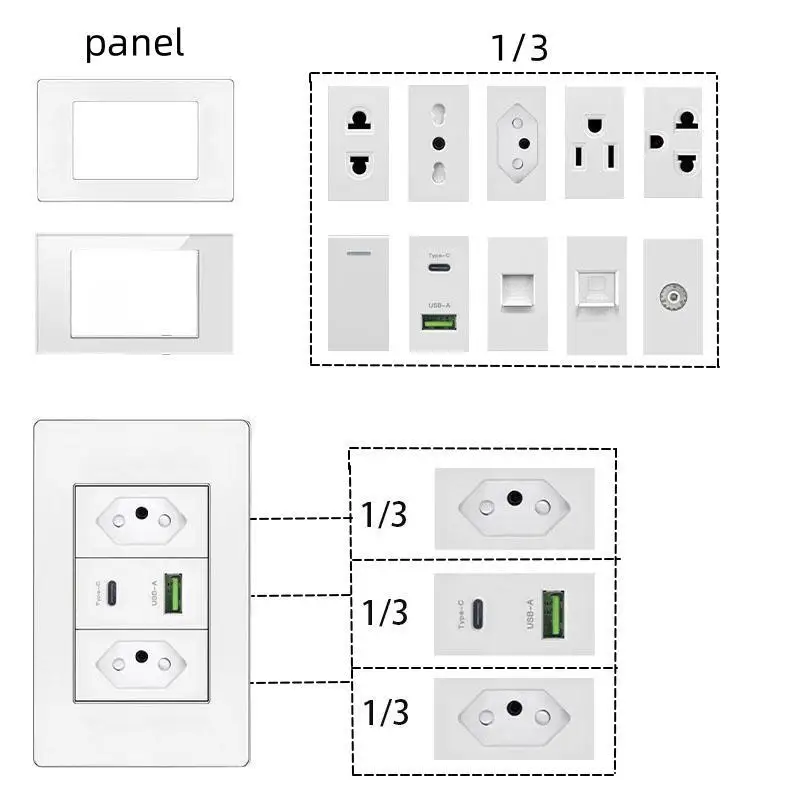 Brazil/Italy/USA PC/ Tempered glass panel wall switch universal USB C socket, Type-C 10W/20W fast charging 118mm*72mm module DIY