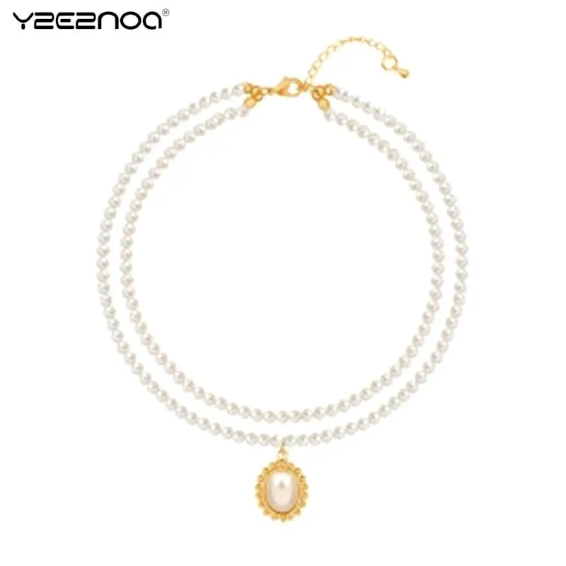 Popular Double Layer Pearl Pendant Necklace Gold Color Necklace Women Korean Style Pearl Pendant Necklace Fashion Jewelry Collar