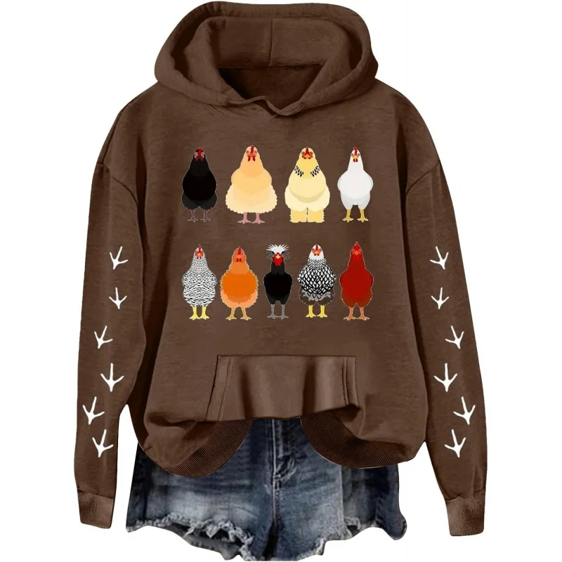 

Loose sweatshirt women's Thanksgiving hoodie cute farm chicken print design dark brown pullover ﻿