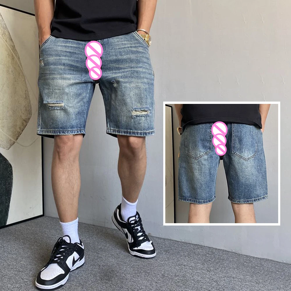 Pantaloni da sesso con apertura sul cavallo all'aperto Pantaloncini di jeans maschili Pantaloni hotpants esotici da uomo Cargo Jeans strappati Tuta cargo Coppia Casual Streetwear