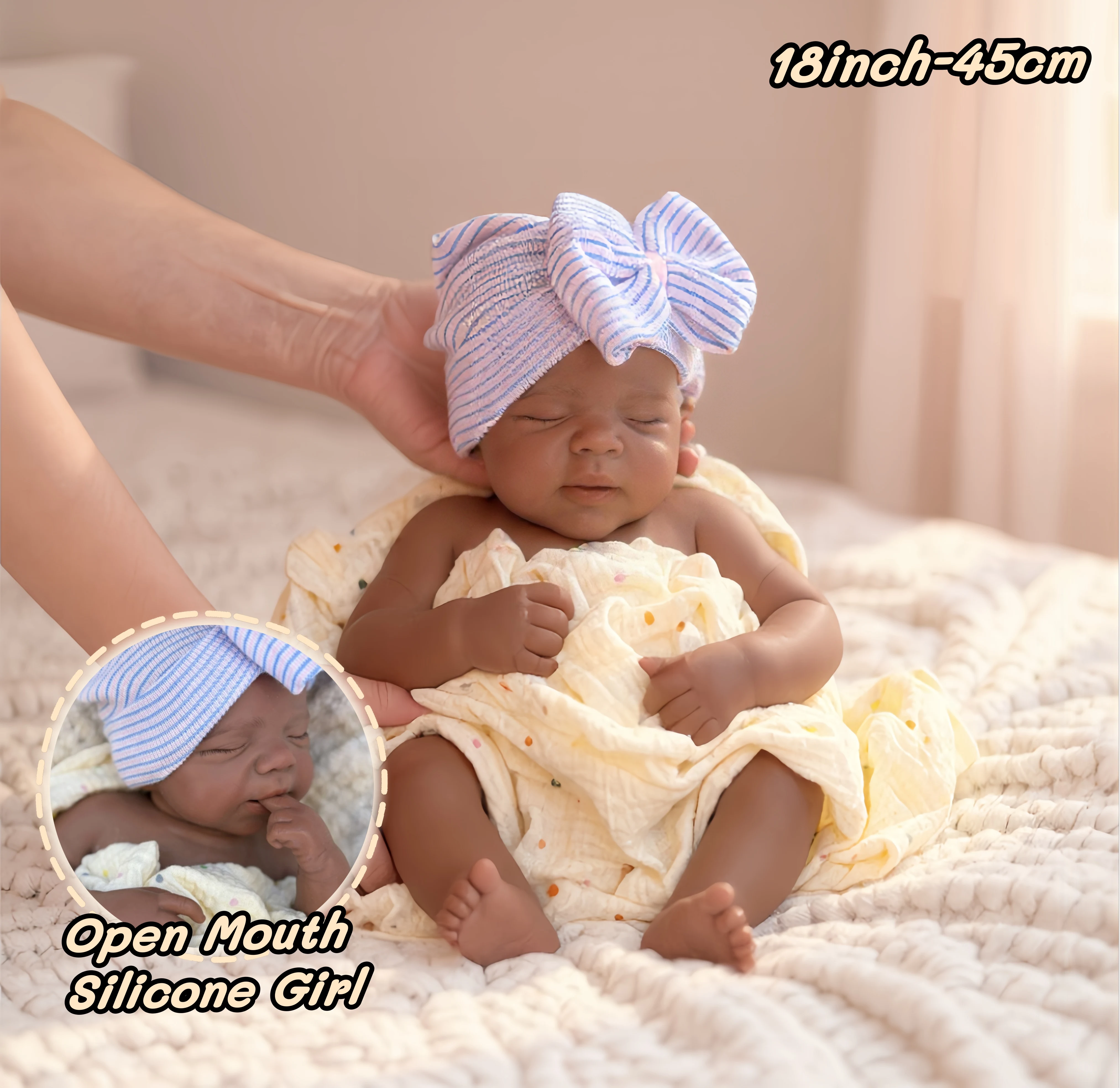 

18 Inch Dark Skin Silicone Reborn Baby Realistic Handmade Open Mouth Pascale Girl Doll Collectible Toy for Kids And Babies Gift
