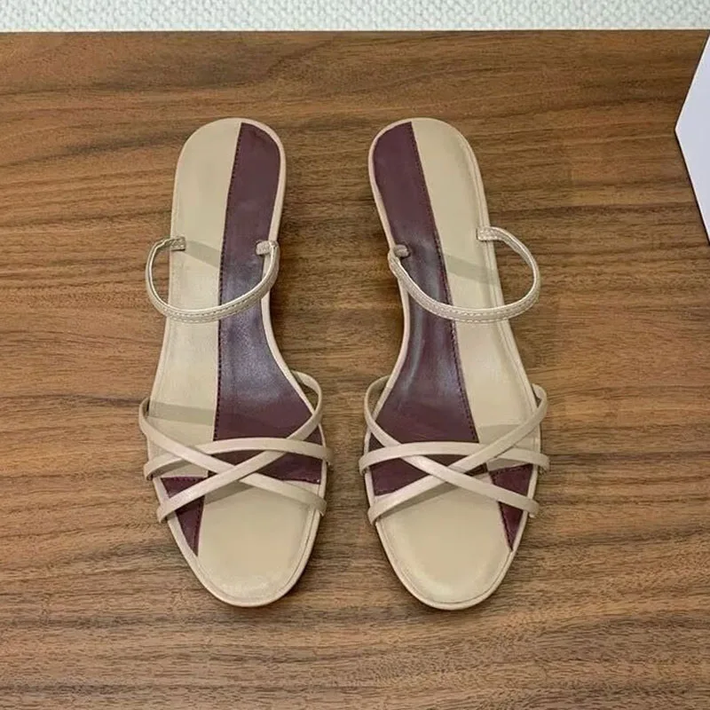 

Kitten Heels Slippers Women Mixed Colors Sexy Dress Shoes Genuine Leather Thin Strap Crossover Design Sandals Summer Party