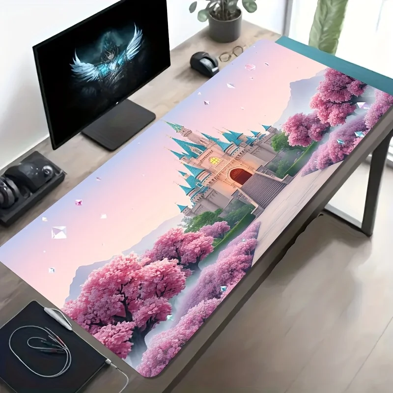 Large Pink Castle Cherry Blossom Fairy Gaming Mouse Pad Non-Slip Washable Rubber Desk Mat Office Decor Gift for Gamers