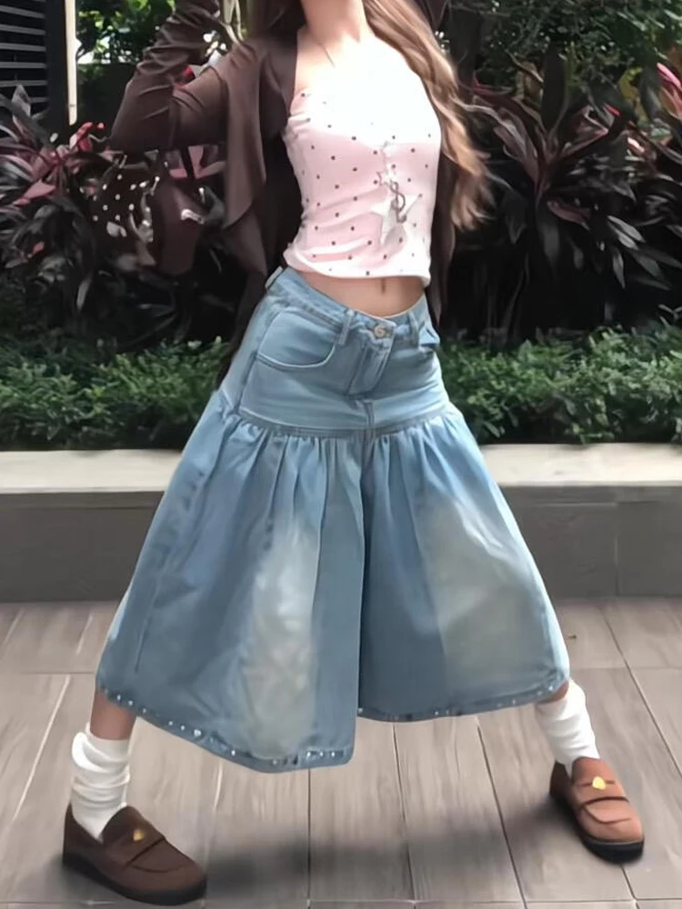 Sweet Cool Spicy American Style Water Washed Rhinestone Denim Skirt Loose Slimming Wide Leg Seven-Foot Women's Jeans Skirt