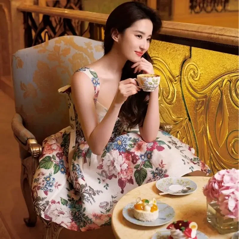 

Sexy Floral Print Dress Liu Yifei Same Style Sleeveless Waist Tie Puffy Short Skirt Women
