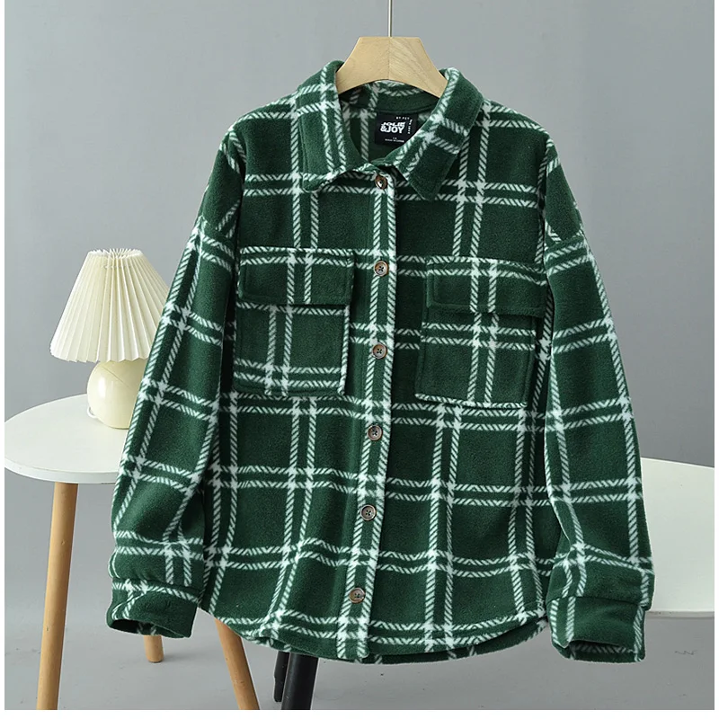 Classic Plaid Collar Fce Jaet Women's Loose Casual Velvet Surface All-Match Jaet irt Single Large Size Ladies' irt