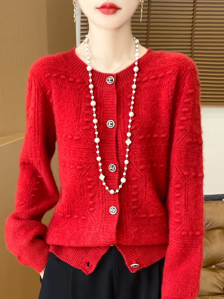 Autumn Winter Warm Soft Cable Stitch Simple Comfortable Women's O-Neck Cardigan 100% Merino Wool Knitted Sweater Clothing Tops