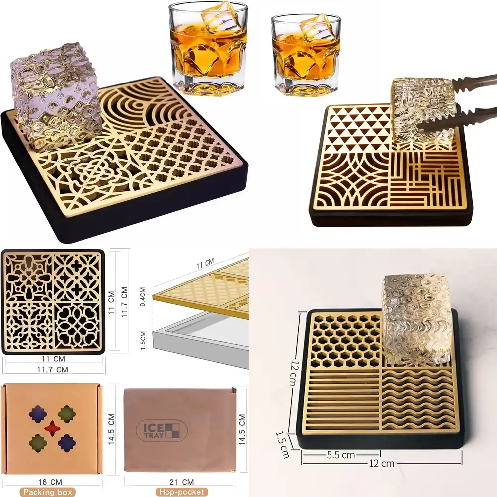 Ice Cube Design Plate Food Grade Brass Ice Stamp Mold Ice Printing Bar Bartender Whiskey Pressing Stamping Square Tray