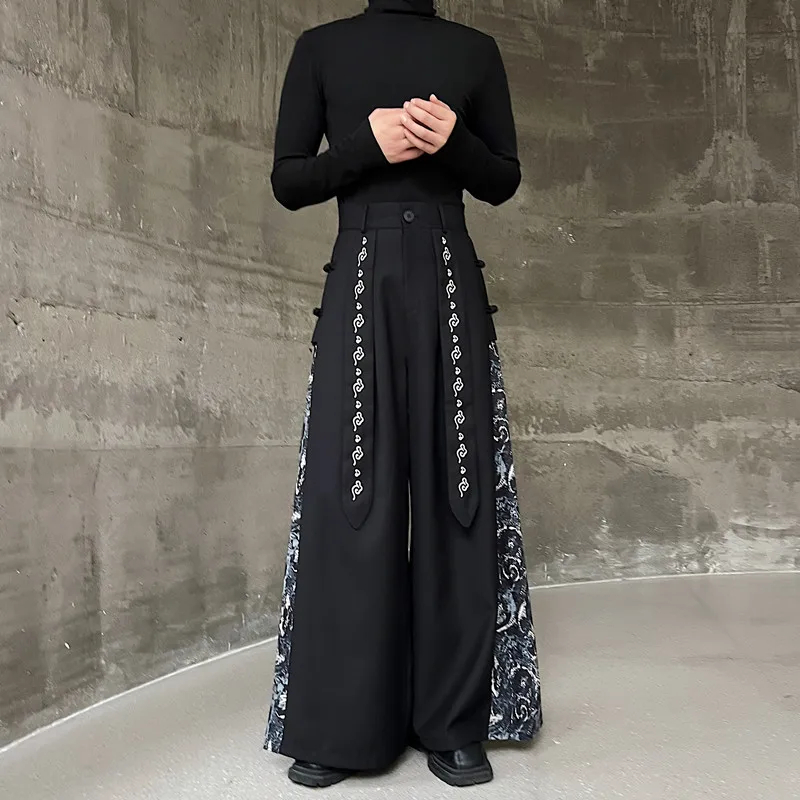 

Осенние новые китайские широкие брюки унисекс с принтом, вышивкой и пэчворком, винтажные, повседневные, свободного кроя, длинные брюки-юбка