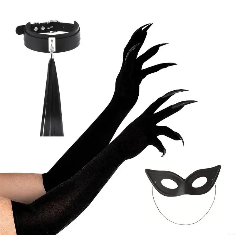 3/5 Halloween Cats Costume for Women Cats Woman Costume Cats Mask Ears and Tail 6XDA