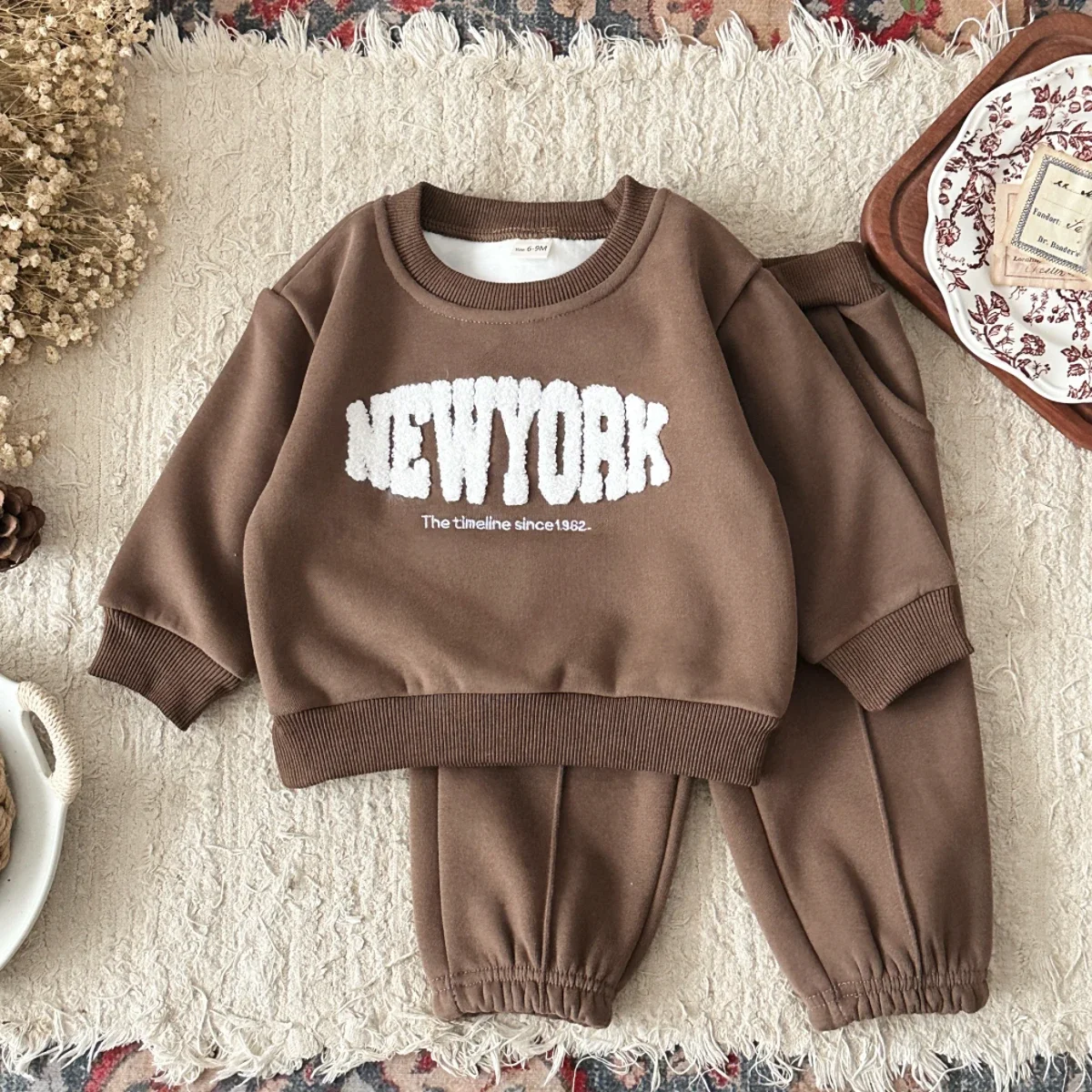 Baby Boy Cotton Thick and Plush Brown Towel Embroidery Top+Casual Pants Two Piece Set Fall Winter Sportswear