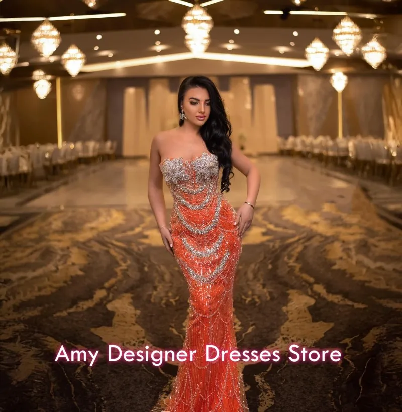 매력적인 오렌지 이브닝 드레스 크리스탈 인어 웨딩 파티 드레스 갈라 우아한 스팽글 댄스 파티 드레스 로브 드 소와레 맞춤 제작