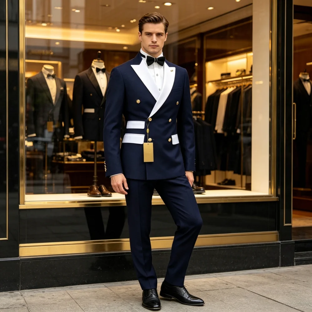 

Men's Solid Formal Business Terno Set of 2 Peak Lapel Double Breasted Blazer with Pants for Wedding Intel